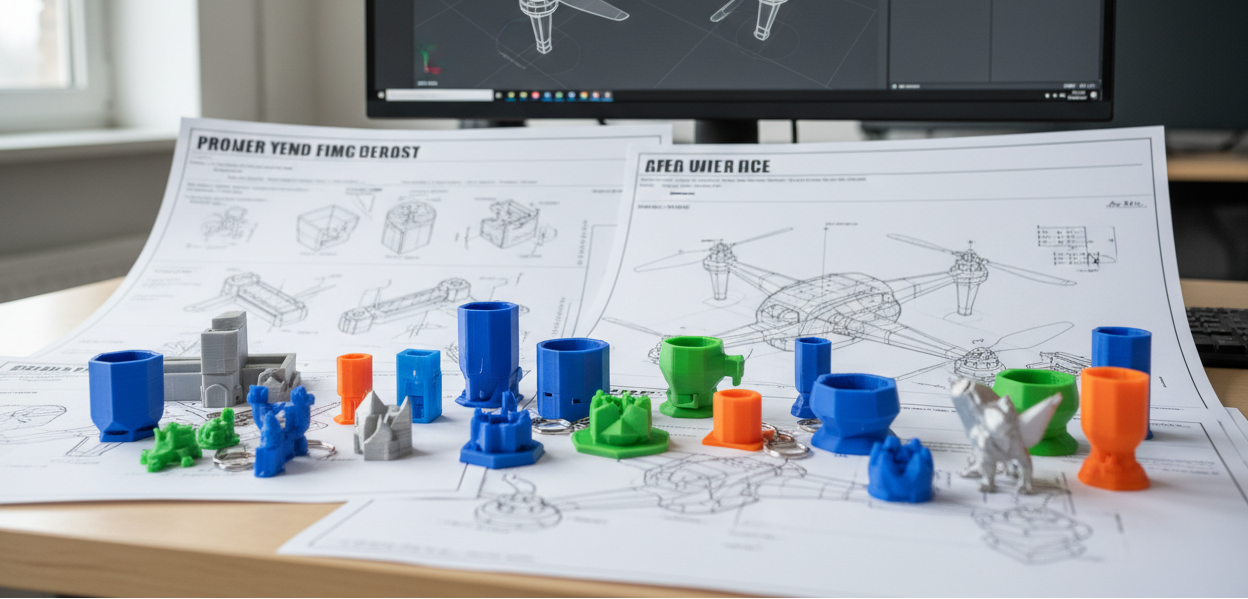 illustra oggetti piccoli e stampati in 3d con lo sfondo composto da foglio di progettazione e da uno schermo con progetti aperti